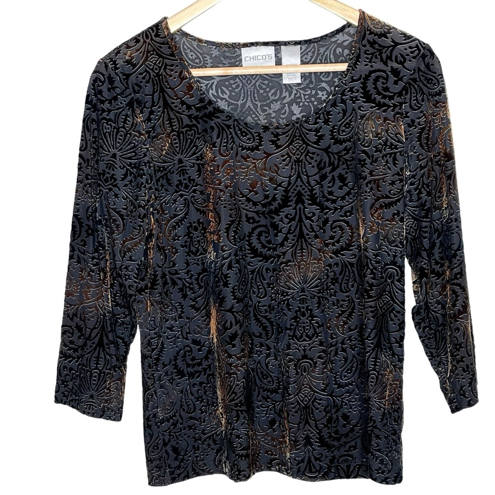 Velvet Burnout Top Black Brown Womens Size M 1 Whimsigoth Fairy Grunge Chicos